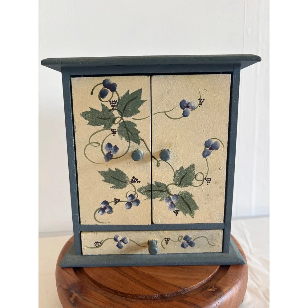 Vintage Hand Painted Wooden Cottagecore Jewelry Box Cabinet Floral Folk Art blue